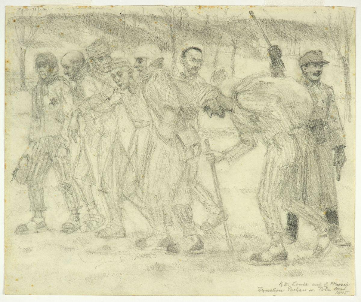 Hellmut Bachrach-Barées Zeichnung „KZ Leute auf dem Marsch, Dachau nach Tölz”